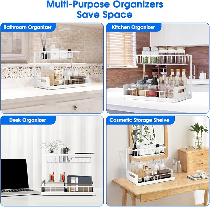 Under Sink Organizer, 2 Tier Pull-Out Cabinet Storage Shelf, Rust-Resistant Metal Organizer for Kitchen Bathroom Laundry Room, No Tools Installation, 1 Pack White