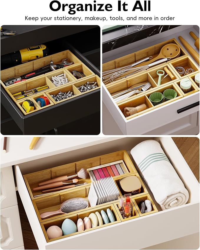 Bamboo Drawer Organizer Set, 6 PCS Trays with 12 Compartments | Natural Bamboo, Flexible Modular Trays, Water-Resistant, Stackable Design, Adjustable, Excellent Organization, Easy to Clean