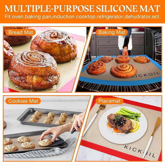 Silicone Baking Mats Set of 3, Non-Stick Reusable BPA-Free Oven Liners | Non Slip Silicone Baking Sheet for Cookies, Macarons, Bread and Pastry, Dishwasher Safe, 16.5'' x 11.6''(Half)
