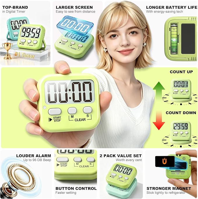 2 Pack Digital Timer for Kids Classroom Kitchen Timers for Cooking | w/ Battery, Easy to View, Alarm, Mute Mode, Count Down/Up, Magnetic, Kickstand, Hanging, Classroom Timer for Teacher Supplies