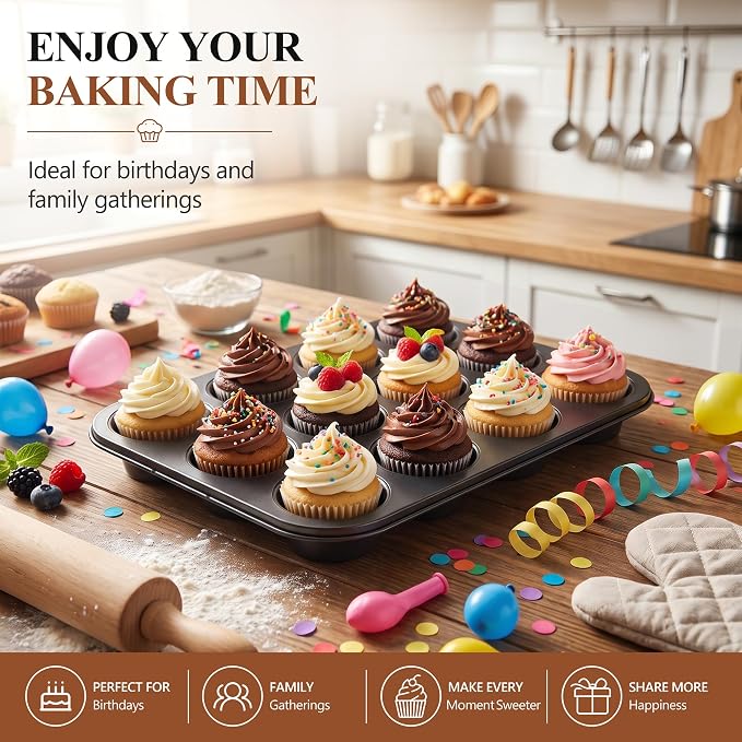 E-far 12-Cup Muffin Pan Tin, Nonstick Carbon Steel Cupcake Pan Tray | Metal Bakeware Muffin Baking Tins for Oven, Standard Size, Ideal for Muffins, Cake Tart, Brownies, Easy Clean & Non-toxic
