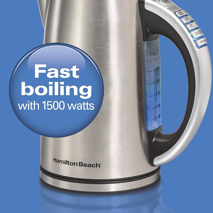 Hamilton Beach 1.7 Liter Electric Tea Kettle, Water Boiler & Heater | Fast Boiling 1500 Watts |Temp Control | Cordless Serving | Auto-Shutoff & Boil-Dry Protection | BPA Free | Stainless Steel
