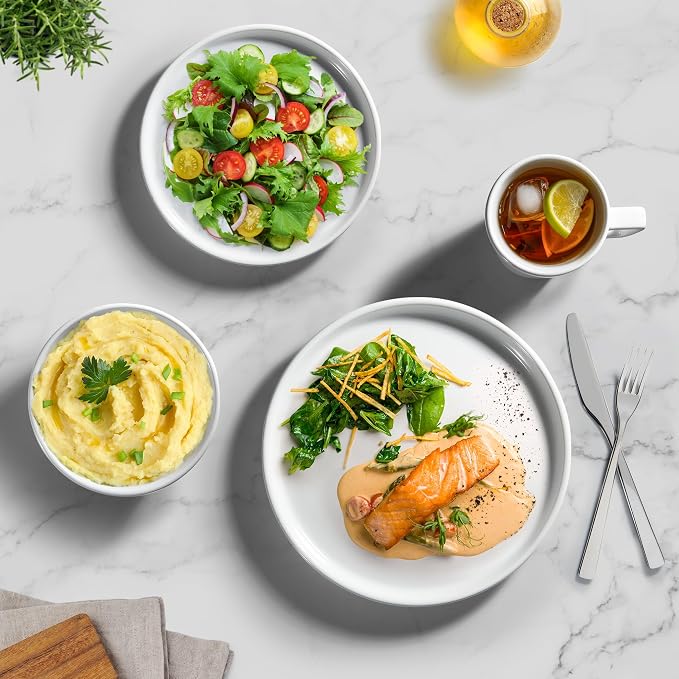 Zulay Kitchen Terra Plates and Bowls Sets, 16 Piece Modern Stoneware Dish Set for 4, Chip and Scratch Resistant Ceramic Dinnerware Set, Microwave and Dishwasher Safe, White