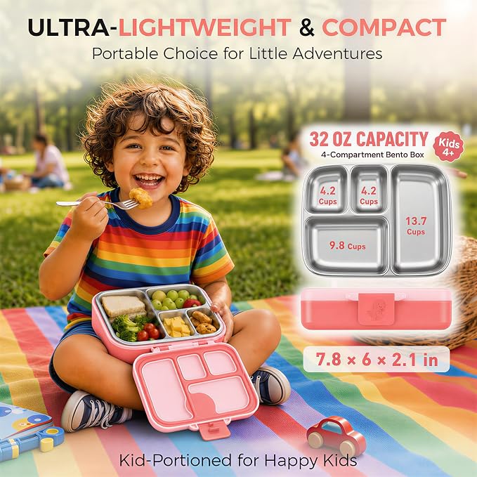 Kids Stainless Steel Bento Lunch Box, 4 Compartments | Leak-Resistant 4 Cups Lunch Container for Ages 4+ with Easy-Open Latch, Removable Seal & Meal Feedback Icon