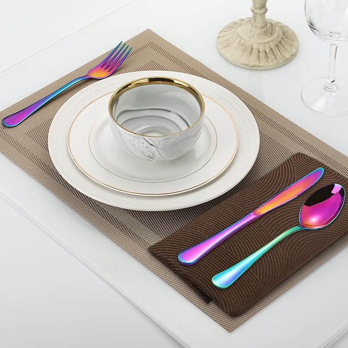 Rainbow Silverware Flatware Set for 8, 40 piece Stainless Steel Colorful Cutlery With Titanium Plated, Tableware Kitchen Eating Utensil Set Include Knife/Fork/Spoon, Mirror Polished, Dishwasher Safe