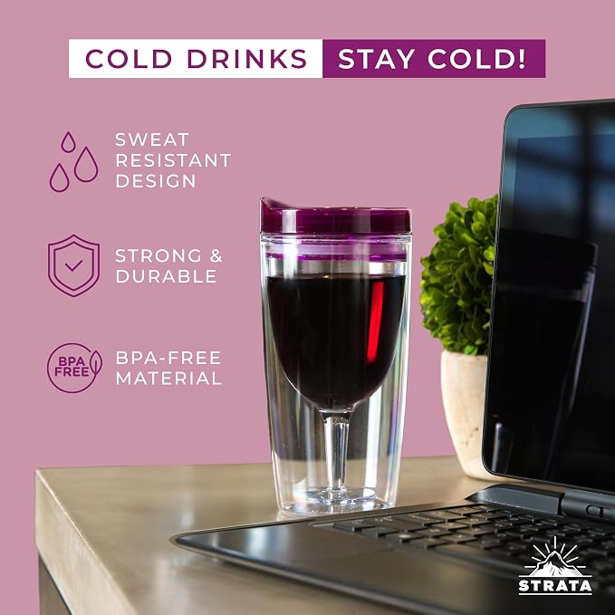 STRATA CUPS Insulated Wine Tumbler With Lid (SET OF 10) BONUS Name Decals - Outdoor Acrylic Plastic Wine Glasses, 10oz Cup Tumblers in 10 Colors - Adult Sippy, Unbreakable Stemless Wine Glass