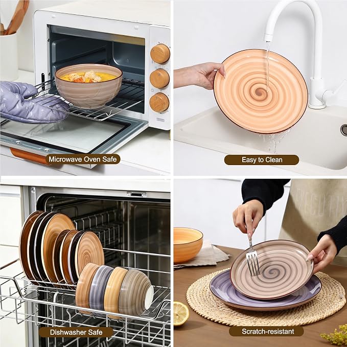 Selamica Ceramic Plates and Bowls Sets,12 Pieces Dinnerware Sets for 4,Scratch Resistant Dish Set,Dishwasher & Microwave Safe, Maillard