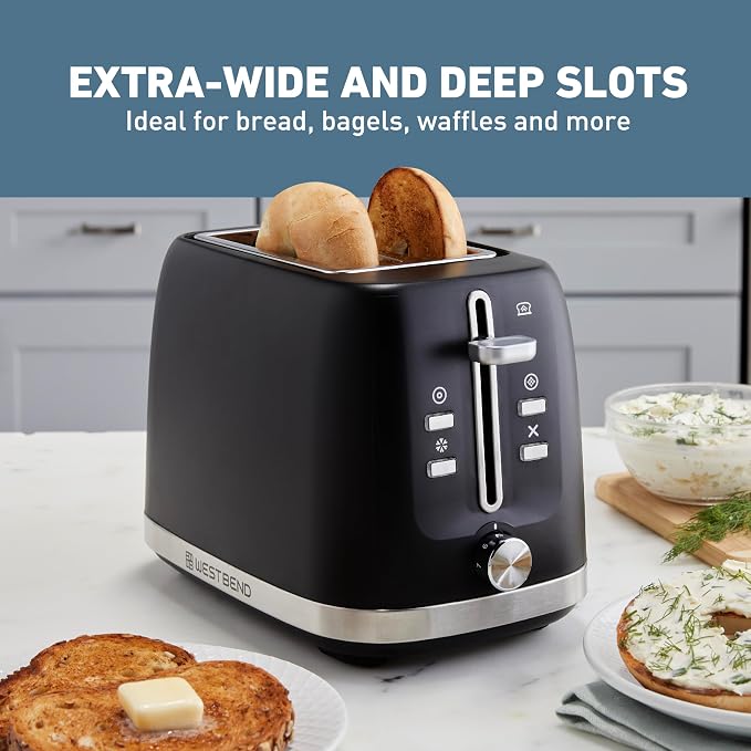 West Bend Toaster 2-Slice Extra-Wide and Deep Slots with 3 Functions and 7 Shade Settings Manual Toast Lift Lever Auto Shut-Off and Removable Crumb Tray, 750-Watts, Black