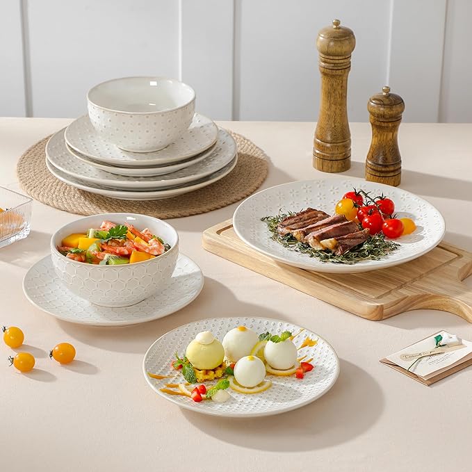 MALACASA 12 Pieces Dinnerware Sets, Farmhouse Plates and Bowls Sets, Embossed White Dish Set for 4, Vintage Relief Ceramic Dish Set, Chip-Resistant, Microwave and Dishwasher Safe, Series LYDIA