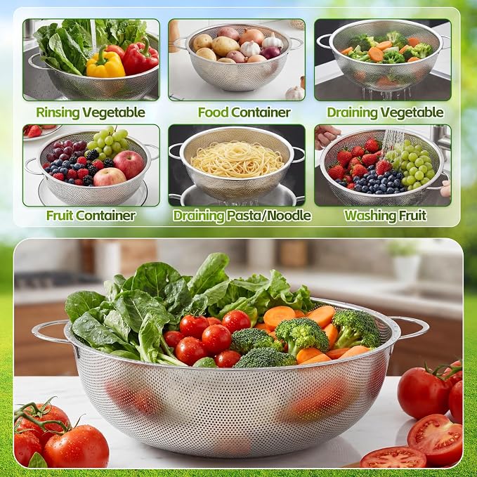 Gisafai 3 Pcs 10/12/16 Quart Stainless Steel Colander Set for Kitchen Micro Perforated Exlarge Metal Pasta Strainer with Handles Metal Mesh Strainer Net Basket Self Draining Solid Base for Pasta