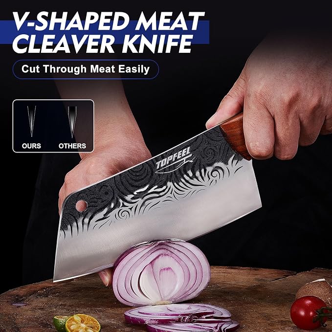 Topfeel 5PCS Hand-Forged Butcher Knife Set, High Carbon Steel | 7-inch chef and slicer, 7.5-inch cleaver and boning knives, 8-inch butcher knife, full-tang rosewood handles, gift box