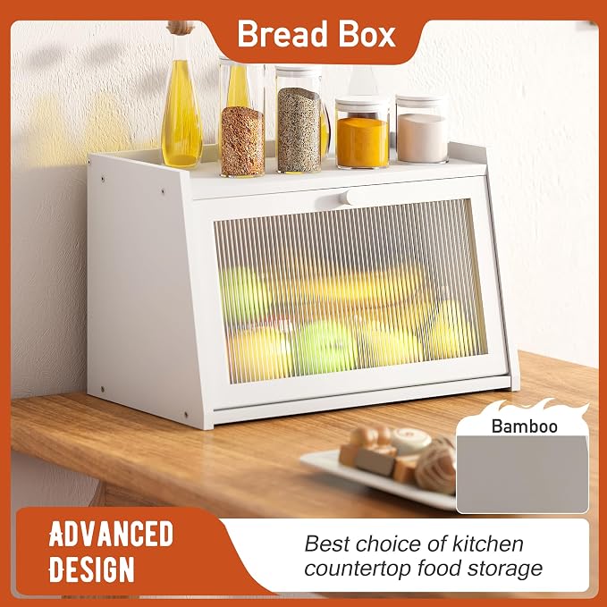 GHWIE Large Bread Box, Easy Access & Cleaning - Bamboo Bread Box for Kitchen Countertop with Acrylic Door (White, Medium)