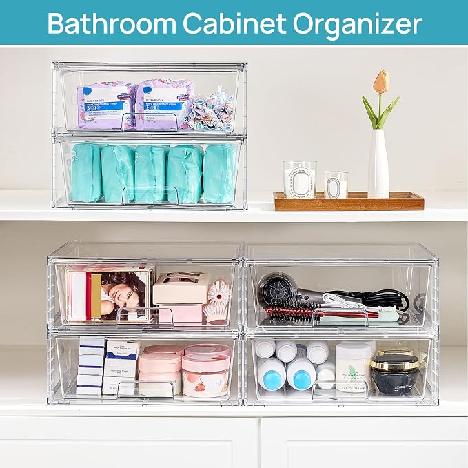Vtopmart 3 Pack Large Clear Stackable Storage Drawers for Closet, Pantry | Easily Assemble Bathroom Closet Undersink Organizers,Plastic Bins for Cabinet,Kitchen Pantry,Medicine Organization