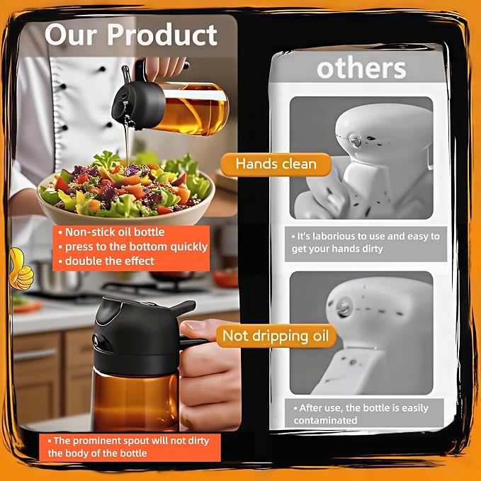16oz/470ml Glass Olive Oil Sprayer for Cooking | 2 in 1 Oil Dispenser for Kitchen Spray and Pour, Premium Oil Bottle, Food-Grade Spray Bottle, for Salad, Air Fryer, BBQ