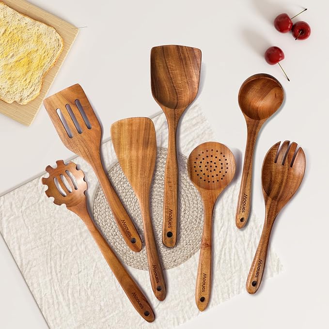 Mooues Wooden Kitchen Utensil Set, 12 Piece Natural Teak with Spoon Rest | Wooden Cooking Utensils with Comfort Grip, Smooth Durable Heat Resistant Cooking Spoons and Utensils Holder for Cooking