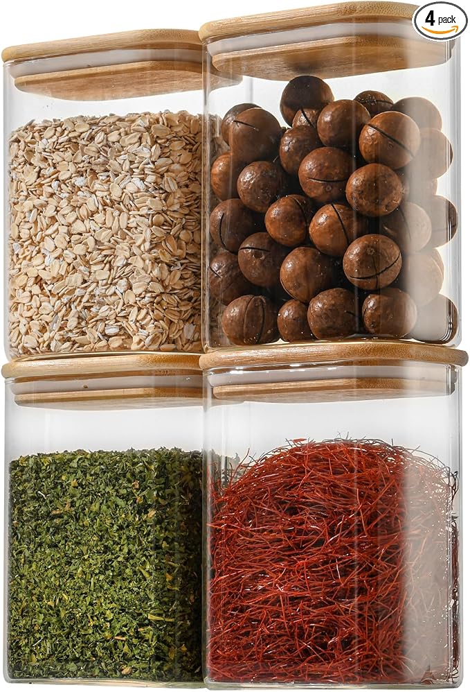 D2scrma 37oz Rectangle Airtight Glass Storage Containers with Bamboo Lids (Set of 4), Square Food Storage Jar, Pantry Organizers for Cereal, Nuts, Snacks and Coffee beans (‎with Black Lable)