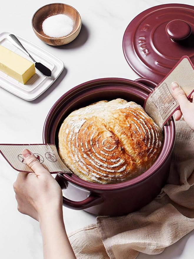 LE TAUCI 3 QT Ceramic Bread Baker with Lid for Sourdough, Covered Bread Baking Pot with Natural Steam Retention, Oven Safe to 500°F, Silicone Bread Sling Included, Purple