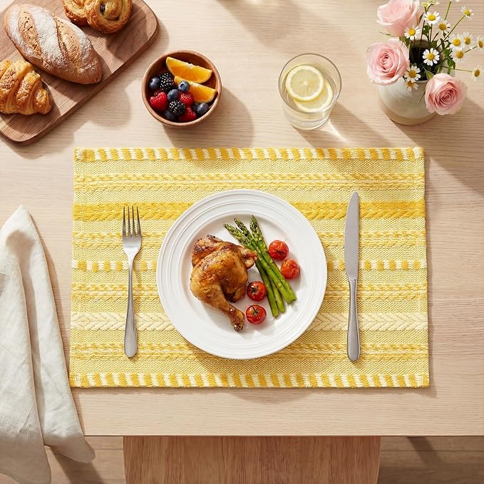 Artoid Mode Yellow Farmhouse Woven Braided Stripe Placemats Set of 6,12x18 Inch Seasonal Holiday Table Mats Party Kitchen Dining Decoration
