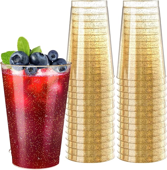 Byvivace [100 Pack 12oz Plastic Cups with Gold Glitter Sturdy & Food Safe Plastic Wine Glasses Disposable Cups Wedding Cups Party Cups Drinking Tumblers for Wine, Cocktails and Cold Beverages