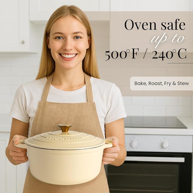 Cast Iron Pot with Lid-Non-Stick Ovenproof Enamelled Casserole Pot, Oven Safe up to 500° F-Sturdy Dutch Oven Cookware - Cream, 5-Quart, 24cm-by Nuovva