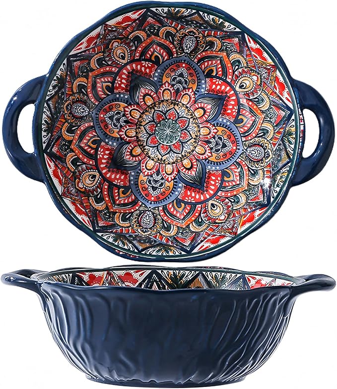 2 Pack Boho Ceramic Serving Bowls with Handles, 40 Oz Porcelain Salad Bowls, Large Serving Dishes for Entertaining, Mixing Bowls for Soup, Stew, Pasta, Cereal, Colorful Embossed Cute Bowls Set ALDS