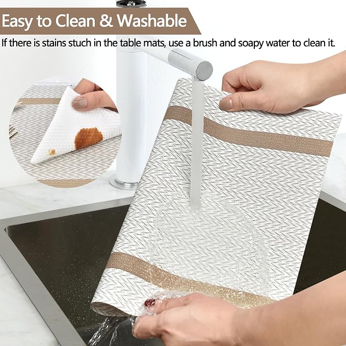 SLKQG Beige White Placemats Set of 8 - Easy Clean Modern Durable Washable Vinyl Place Mats - Heat Resistant Placemats for Kitchen Table - PVC Table Mats for Dining Table (Beige White with Stripes, 8)