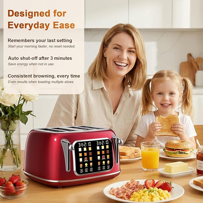 Mecity Toaster 4 Slice, Touch Screen Wide Slot Retro Toaster For Breads Bagel Muffin Waffle, House Warming Gift New Home, 120V 1650W, Red Pearl