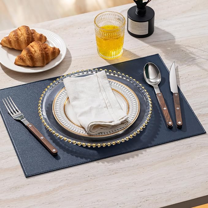 Baroyal Faux Leather Placemats Set of 6 Vinyl Washable Wipeable Table Mats for Kitchen Dining Table Heat Resistant Waterproof Modern Indoor/Outdoor Placemats Non-Slip Easy Clean Place Mats (Navy Blue)