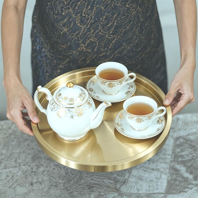 Stainless Steel Round Bar Serving Tray 12.5",Double Wall,Ideal Coffee Table, Decorative,Rotisserie Plate, Tea and Bathroom Serving,Gold