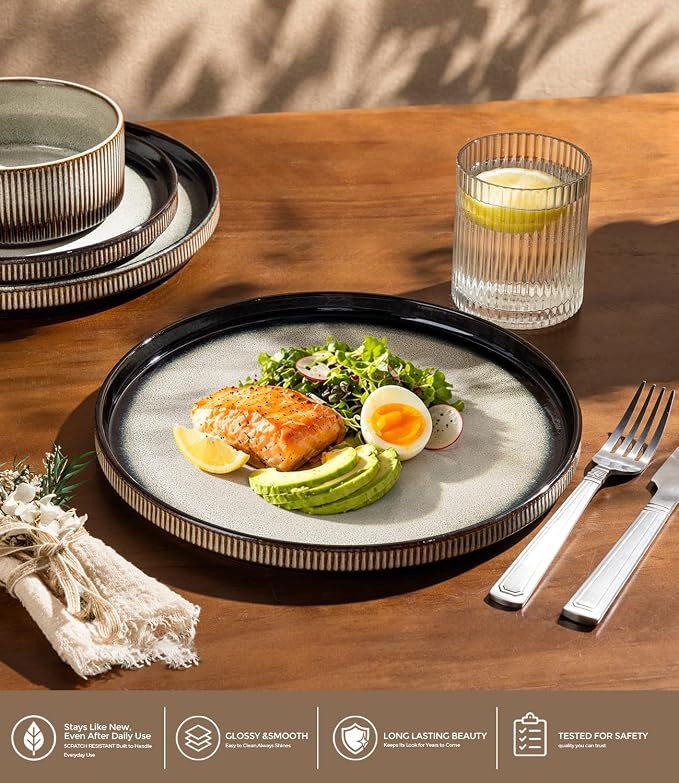 GBHOME Stoneware Dinnerware Sets for 4, 12-Piece Plates and Bowls Set | Handmade Reactive Glaze Ceramic Dish Set, Scratch Resistant, Dishwasher&Microwave Safe,Mocha & Sage