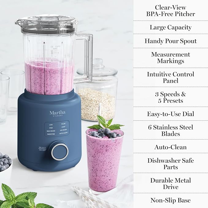 Martha Stewart 50oz Countertop Blender, 3 Speeds, 5 Presets, Indigo Blue | BPA-Free Pitcher, Smoothies, Margaritas, Milkshakes & Ice Crushing, Stainless Steel Blades, Auto-Clean, Dishwasher-Safe Parts