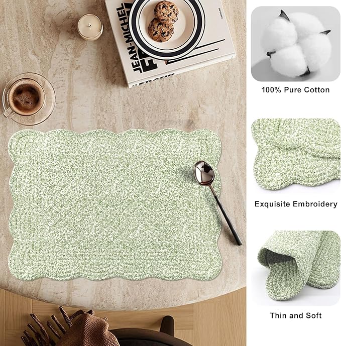 6 PC Quilted Placemats, 18"X13"Extra Large Cotton Placemats Set of 6, 100% Cotton Fabric Washable Cloth Table Mats for Kitchen & Dining Table - Soft &Easy Clean(Green Crushed Flower, Rectangular)