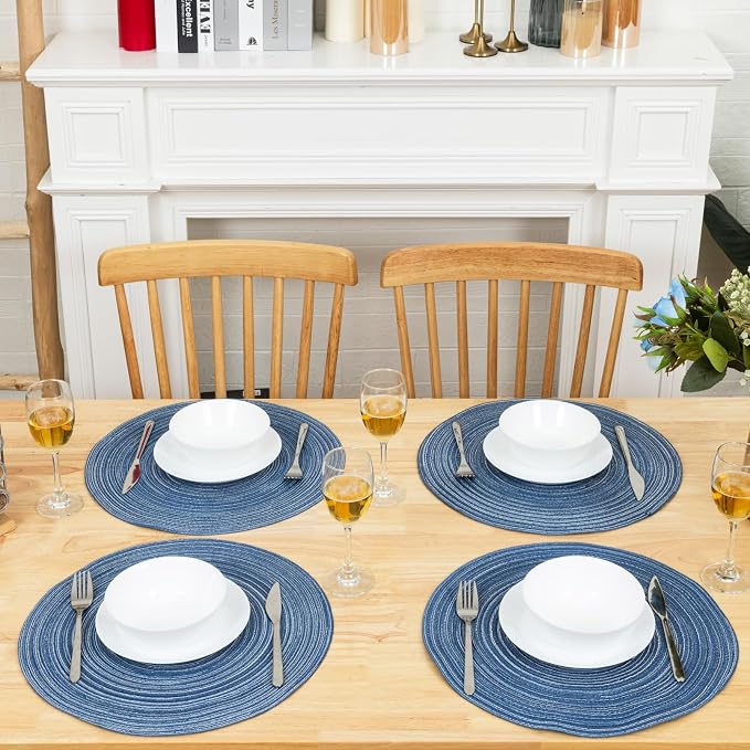 Winknowl Round Braided Placemats Set of 4 Washable Woven Heat Resistant Table Mats for Kitchen Dining Tables 15 inch Round Place Mats (Seascape Blue,4)