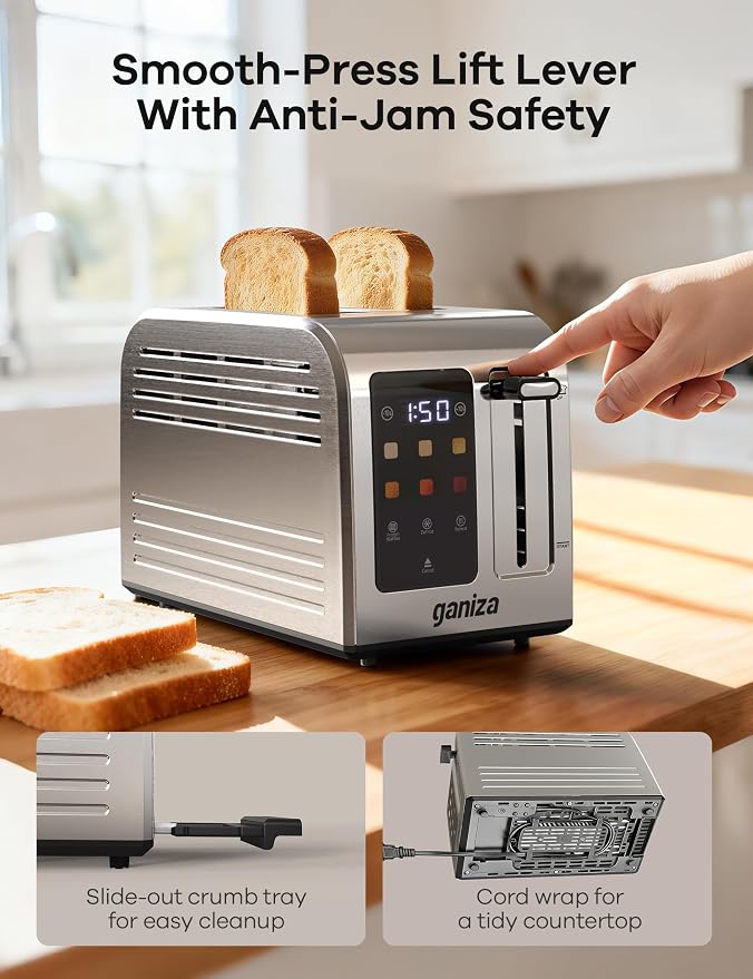 Ganiza Smart Toaster 2 Slice with Touchscreen, Digital Countdown Timer, Touch Screen Toaster Wide Slot, Full Stainless Steel, Defrost Reheat Cancel, +/-10s Fine-Tune, Removable Crumb Tray, Max 925W