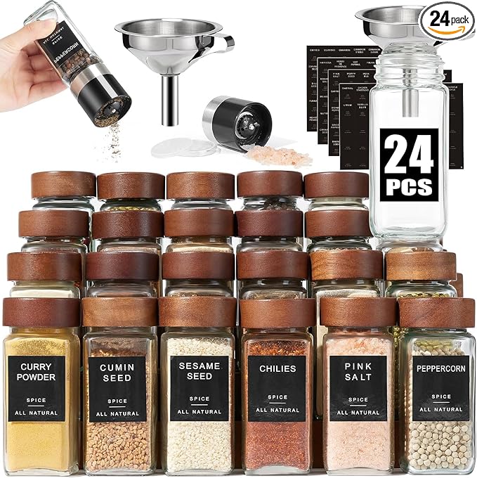 Glass Spice Containers for Kitchen: 24P 4oz Dishwasher Safe Jars | Durable Glass Jars for Cooking Enthusiasts- Airtight Acacia lid 500X Open-Close no Loose - Gift/Daily Use for Housewives