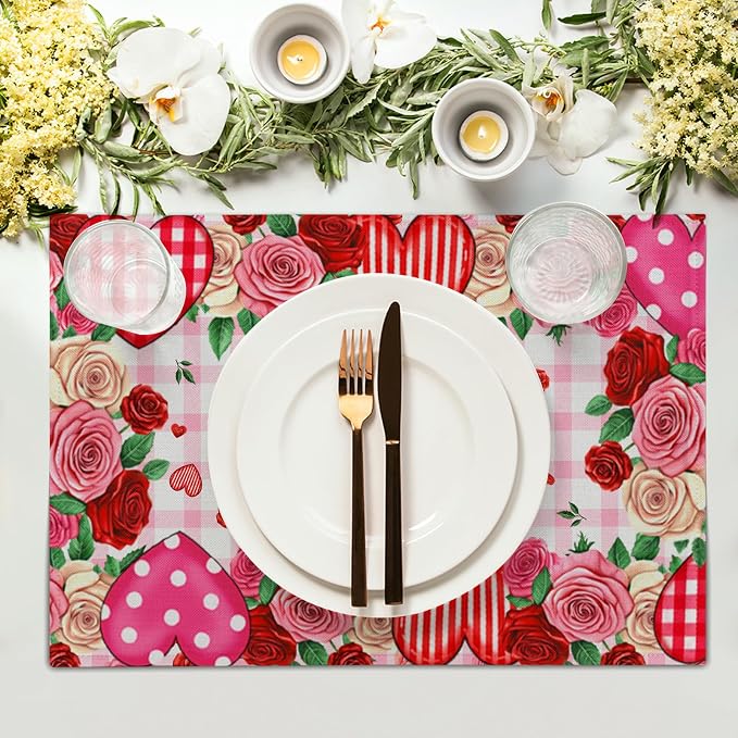 Red Rose Love Heart Polka Dots Stripe Placemat Set of 4,12x18 Inch Romantic Vintage Floral Farmhouse Holiday Wedding Anniversary Table Mats for Party Kitchen Dining Decoration
