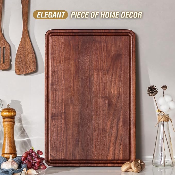 Thick Walnut Wood Cutting Board 18x12 in Large Wooden Chopping Board | Cut Board for Kitchen with Juice Groove Handles, Non-slip Mats,Reversible Butcher Block, Chopping Board