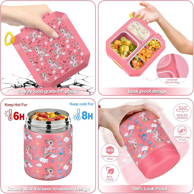 wiwens Bento Lunch Box for Kids with 12oz Soup Thermo Leak-Proof Lunch Food Container with 5 Compartment Thermo Hot Food Jar and Insulated Lunch Bag for Kid Toddler Girls Boys to School