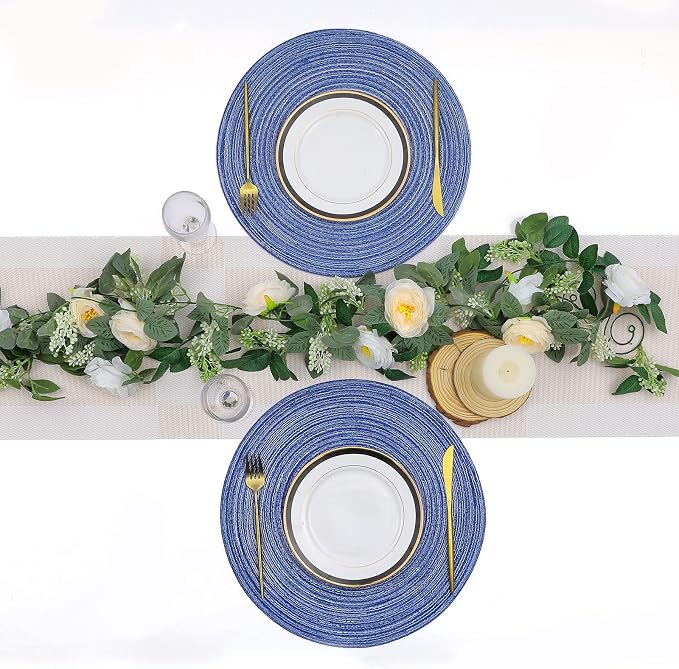 SHACOS Round Braided Placemats 15 inch Set of 6 Washable Kitchen Table Placemats for Home Wedding Party (Blue White, 6)