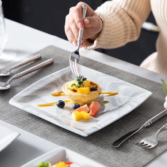 MALACASA Plates and Bowls Sets, 12-Piece Porcelain Dinnerware Sets for 4, Square Plates and Bowls for Dessert, Salad and Soup, Ceramic Dishes Dining Dishware Set, Marble Grey, Series Blance | Complete with Plates, Bowls, Cups, Saucers, Microwave Oven a...