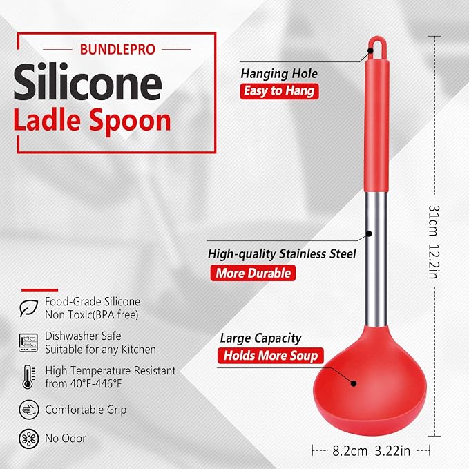 BUNDLEPRO Silicone Ladle Spoon Kitchen Utensils, 2 Pack, Black-Red | Non Stick, High Heat Resistant, BPA Free, Ideal for Cooking, Stirring, Serving Soups