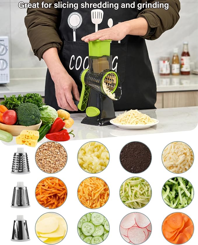 Rotary Cheese Grater hand crank 3 blades with Stronger Suction Base | Stainless Steel Blades for Fruits, Vegetables, Nuts. Dishwasher Safe & Easy to Clean, Transparent Black & Green