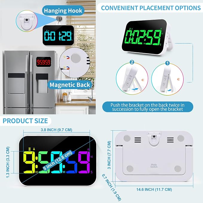 Kitchen Digital RGB Timer, Count Down Up, Rechargeable, Vibration Mode Adjustable Volume and Brightness LED Display, Time Management Cook, Desk, Kids Adults Study Teaching, Kitchen Gadgets