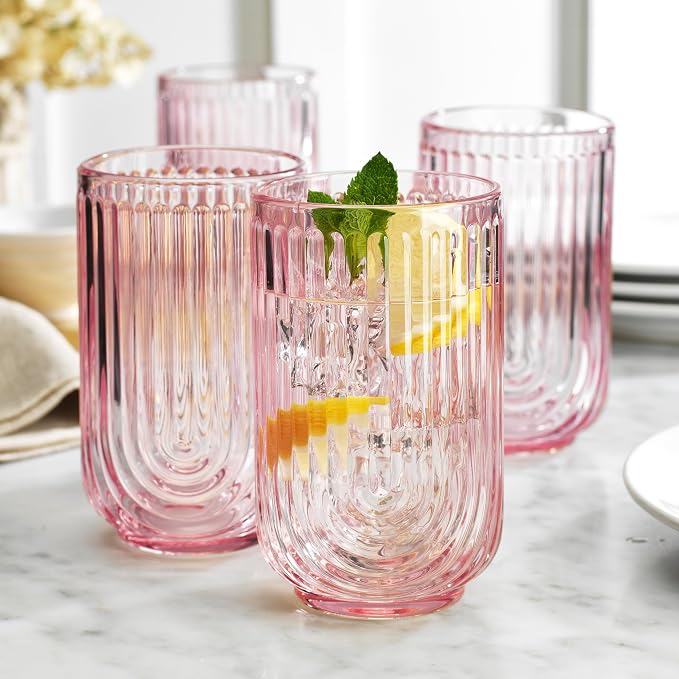 Glaver's Vintage Glassware Art Deco Glasses Ribbed Drinking Glasses U-Shape Arch Design Colored Cocktail Kitchen Tumblers Everyday Dinner Decorative Party Hand-Wash Only (Pink S/4 17oz)