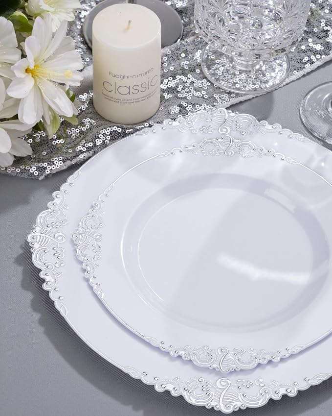 Nervure 700Pcs Silver Plastic Plates, Plastic Dinnerware Set for 100 Guests | 100 7.5" Dessert & 100 10.25" Dinner Plastic Plate, 300 Cutlery, 100 10oz Cups, 100 Napkin for Wedding & Party, Heavy-duty