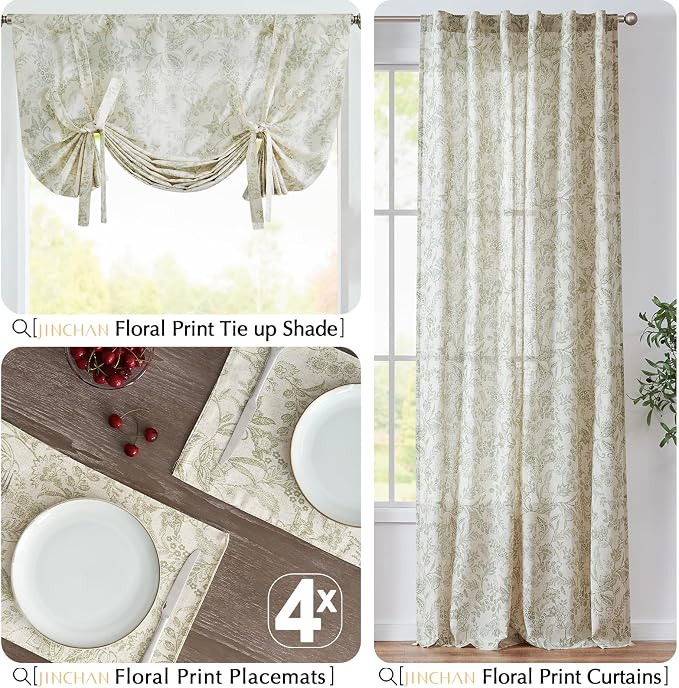 jinchan Linen Floral Placemats Set of 4 Farmhouse 13x19 Inch Green | Fabric Placemats, Cottage Style, Vintage Botanical Pattern, Machine Washable, Easy to Store, Reusable