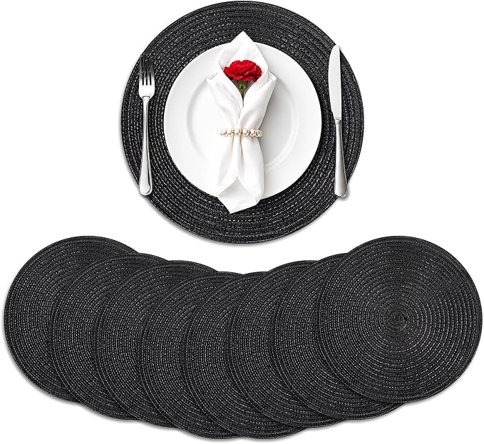 TaroKitc 15 in Round Placemats Set of 8, Washable Woven Braided Dining Table Mats, Heat Resistant Non-Slip Circle Place Mats for Kitchen Home Party Table Decor, Indoor & Outdoor - Black