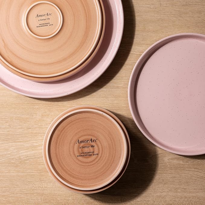 AmorArc Stoneware Dinnerware Sets for 8,24 Pcs Plates and Bowls Set | Handmade Ceramic Dish Set,Dishwasher & Microwave Safe,Scratch Resistant-Pink