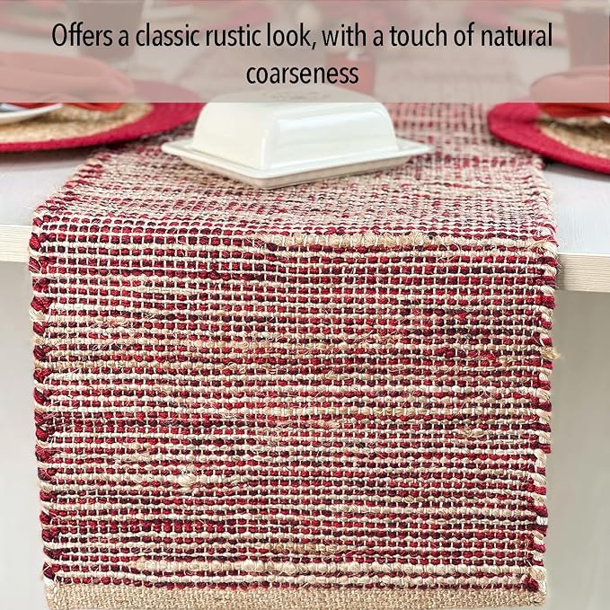 Natural Jute Table Runner 13x72 Inch – Vintage Boho Rustic Table Decor – Handwoven Table Runner in Natural Jute and Red – Farmhouse Dining or Console Table Accent