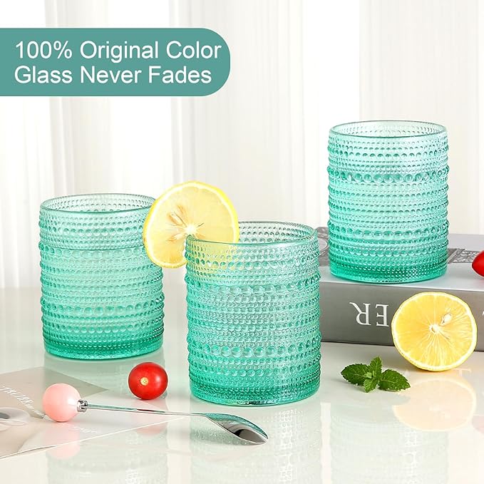 ZMOWIPDL Drinking Glasses Set of 6,12oz Lake Blue Hobnail Glass Cups | Vintage Glassware，Embossed Water Tumbler,for Beer,Cocktail,Whiskey,Juice and Various Mixed Drinks- 1 Cleaning Brush